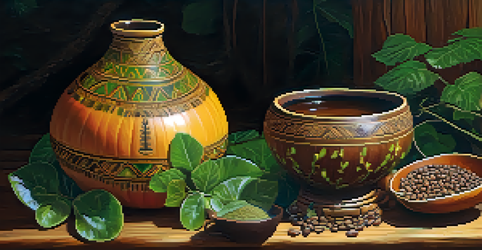 A close-up view of ayahuasca brew in a gourd, surrounded by fresh vines and natural ingredients on a wooden table, showcasing rich colors and textures.