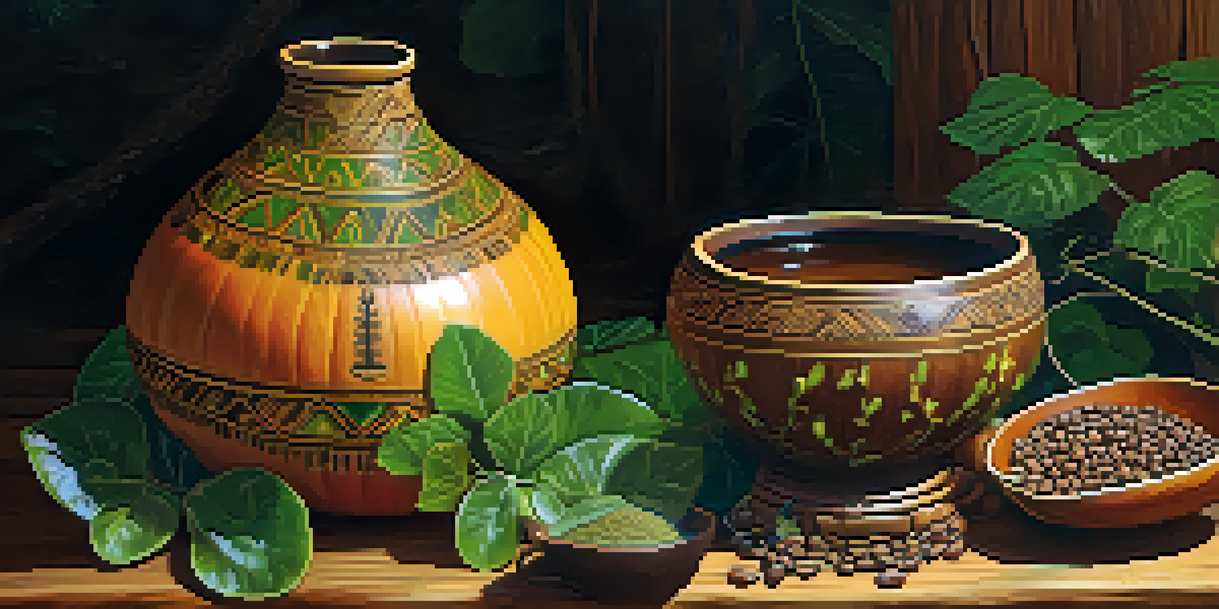 A close-up view of ayahuasca brew in a gourd, surrounded by fresh vines and natural ingredients on a wooden table, showcasing rich colors and textures.
