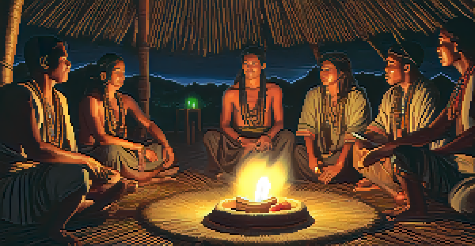 A cozy Ayahuasca ceremony inside a thatched-roof hut, featuring participants sitting in a circle and a shaman leading the ceremony with candles illuminating the space.