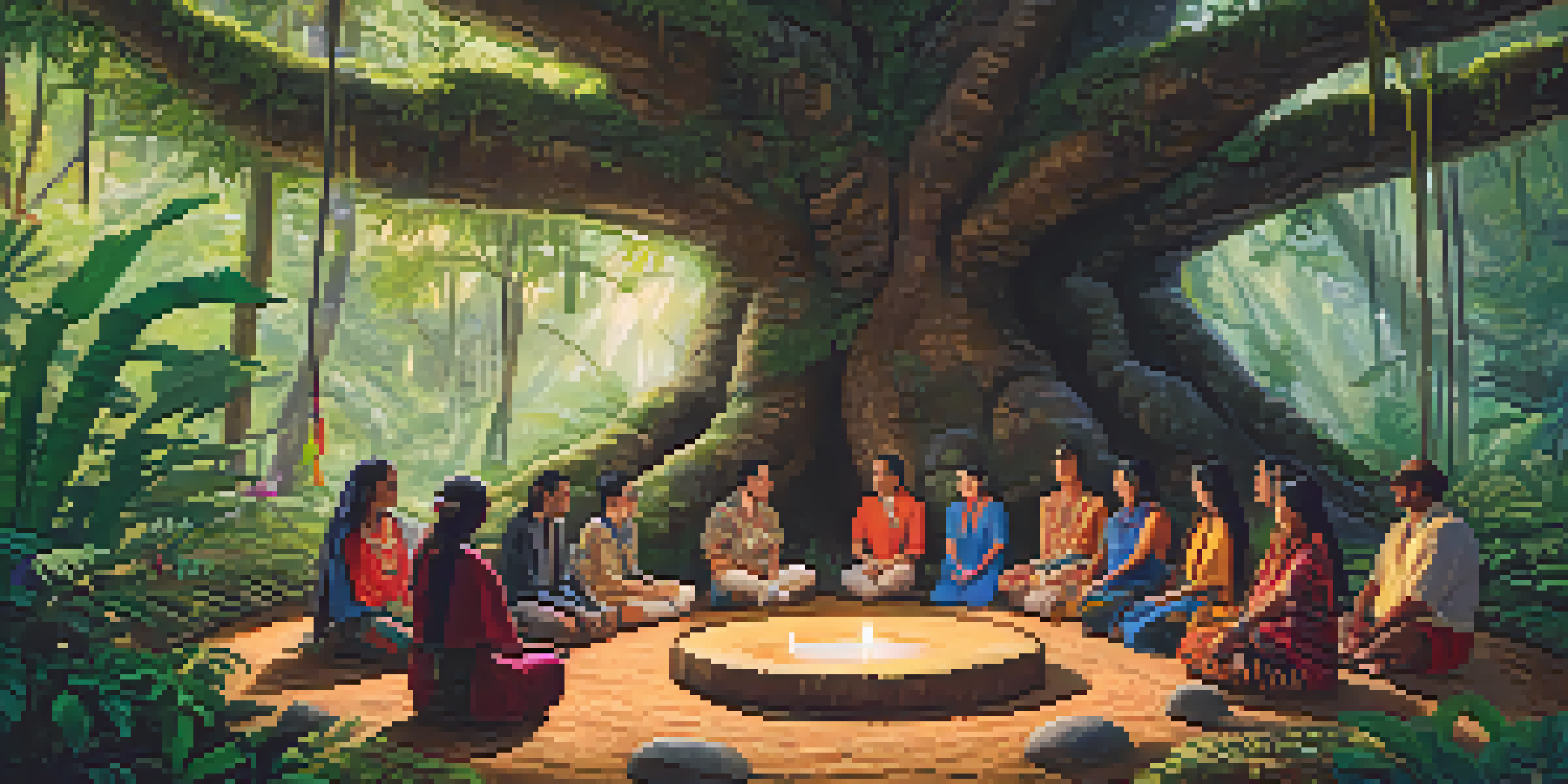 A peaceful Ayahuasca ceremony in the Amazon rainforest, with participants seated in a circle and a shaman in traditional attire leading the ritual.