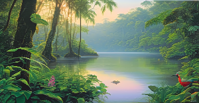 A peaceful Amazon rainforest at dawn with mist, a river, and colorful indigenous plants.
