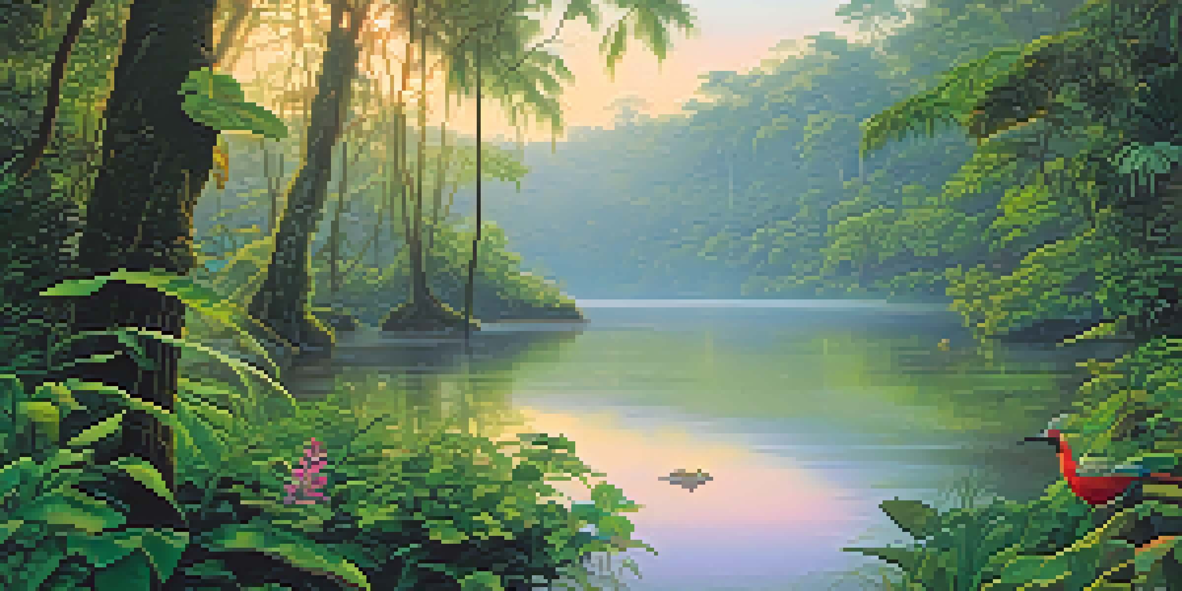A peaceful Amazon rainforest at dawn with mist, a river, and colorful indigenous plants.