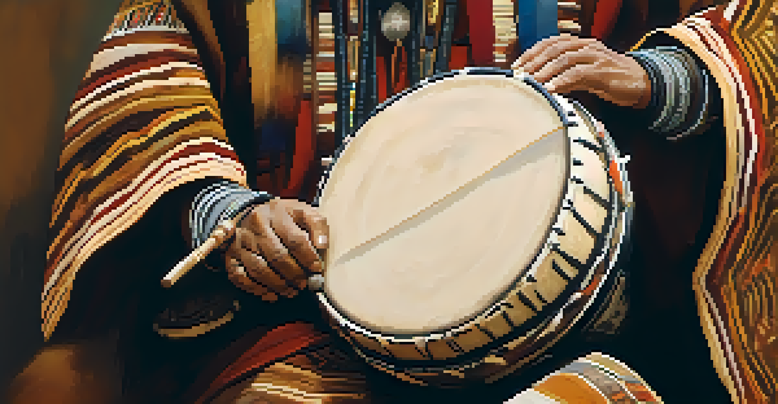A close-up of a shaman playing a ceremonial drum, highlighting the intricate designs and the motion of the hands.