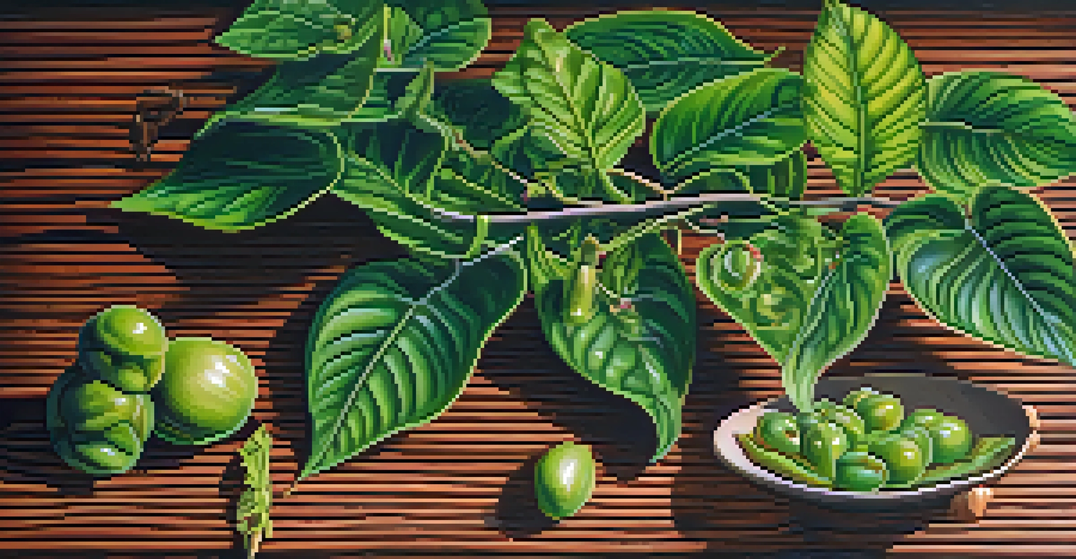 A close-up view of the Banisteriopsis caapi vine and Psychotria viridis leaves used in ayahuasca preparation, displayed on a wooden surface.