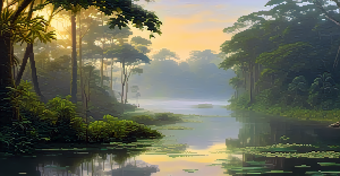 A peaceful Amazon rainforest at dawn with mist, a river reflecting the sunrise, and blooming flowers along the bank.