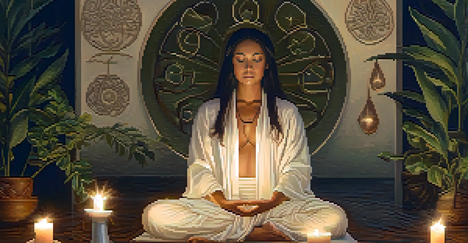 A person meditating in a softly lit room with candles, surrounded by spiritual symbols and plants, showcasing a serene expression.