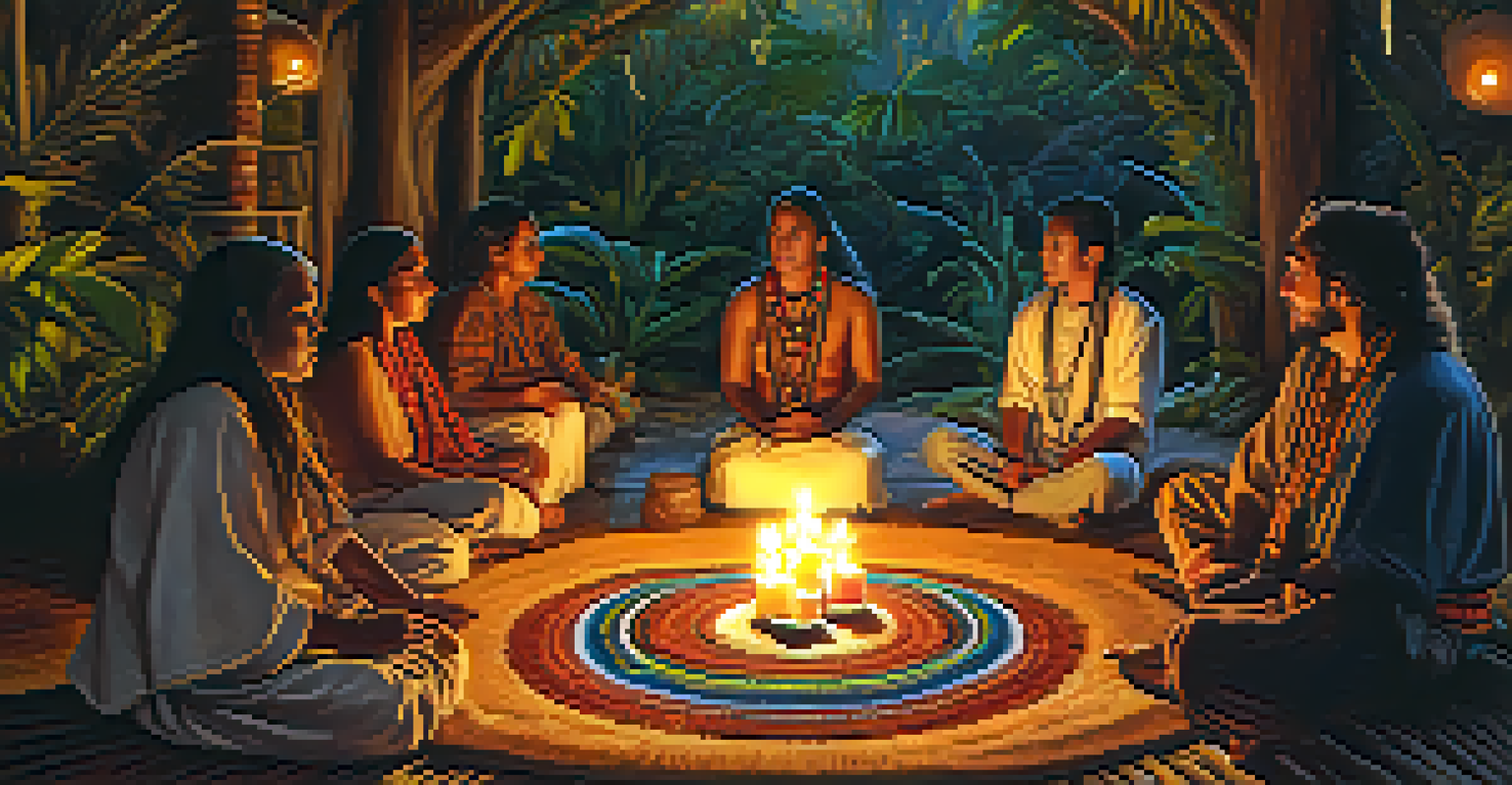 An ayahuasca ceremony with participants in a circle and a shaman playing music, surrounded by candles.