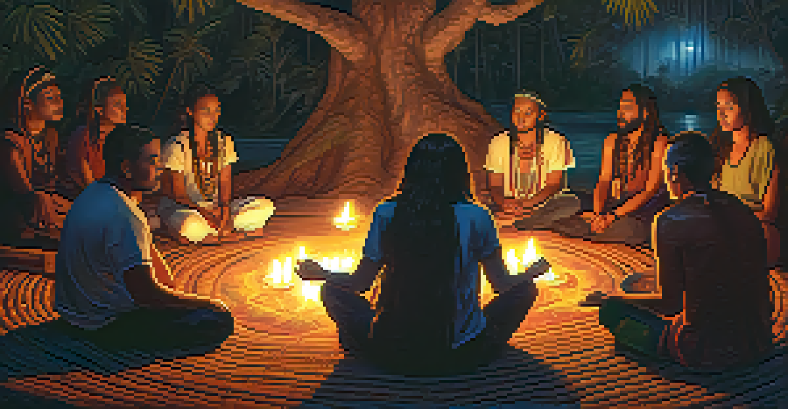 A diverse group of individuals sitting in a circle during an Ayahuasca ceremony at night, illuminated by candlelight with an Indigenous shaman in the center.