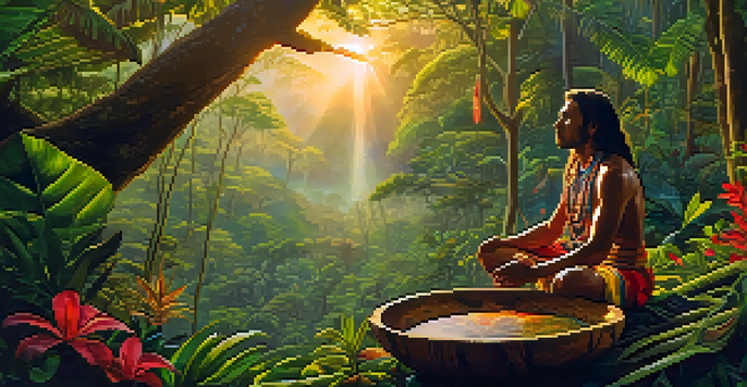 An indigenous shaman preparing Ayahuasca in the Amazon rainforest at dawn, surrounded by lush greenery and tropical flowers.