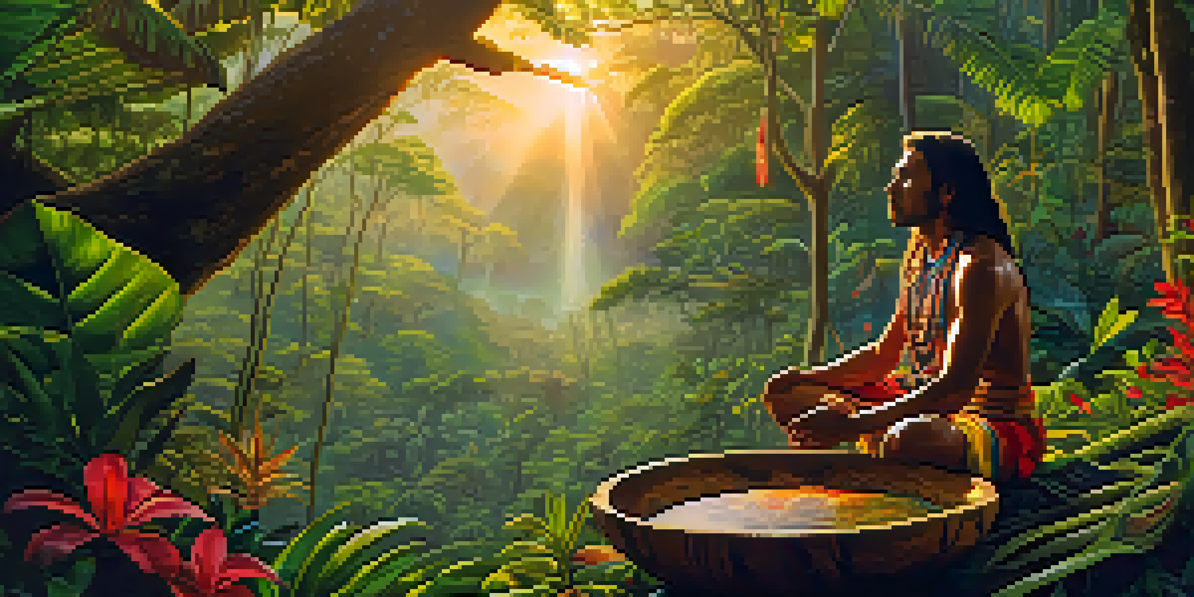 An indigenous shaman preparing Ayahuasca in the Amazon rainforest at dawn, surrounded by lush greenery and tropical flowers.