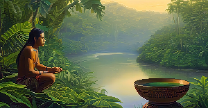 An indigenous healer prepares ayahuasca in a ceramic bowl against a lush Amazonian landscape at dawn.