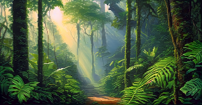 A vibrant Amazon rainforest at dawn with vines and leaves, sunlight filtering through the canopy, and a ceremonial space in the background.
