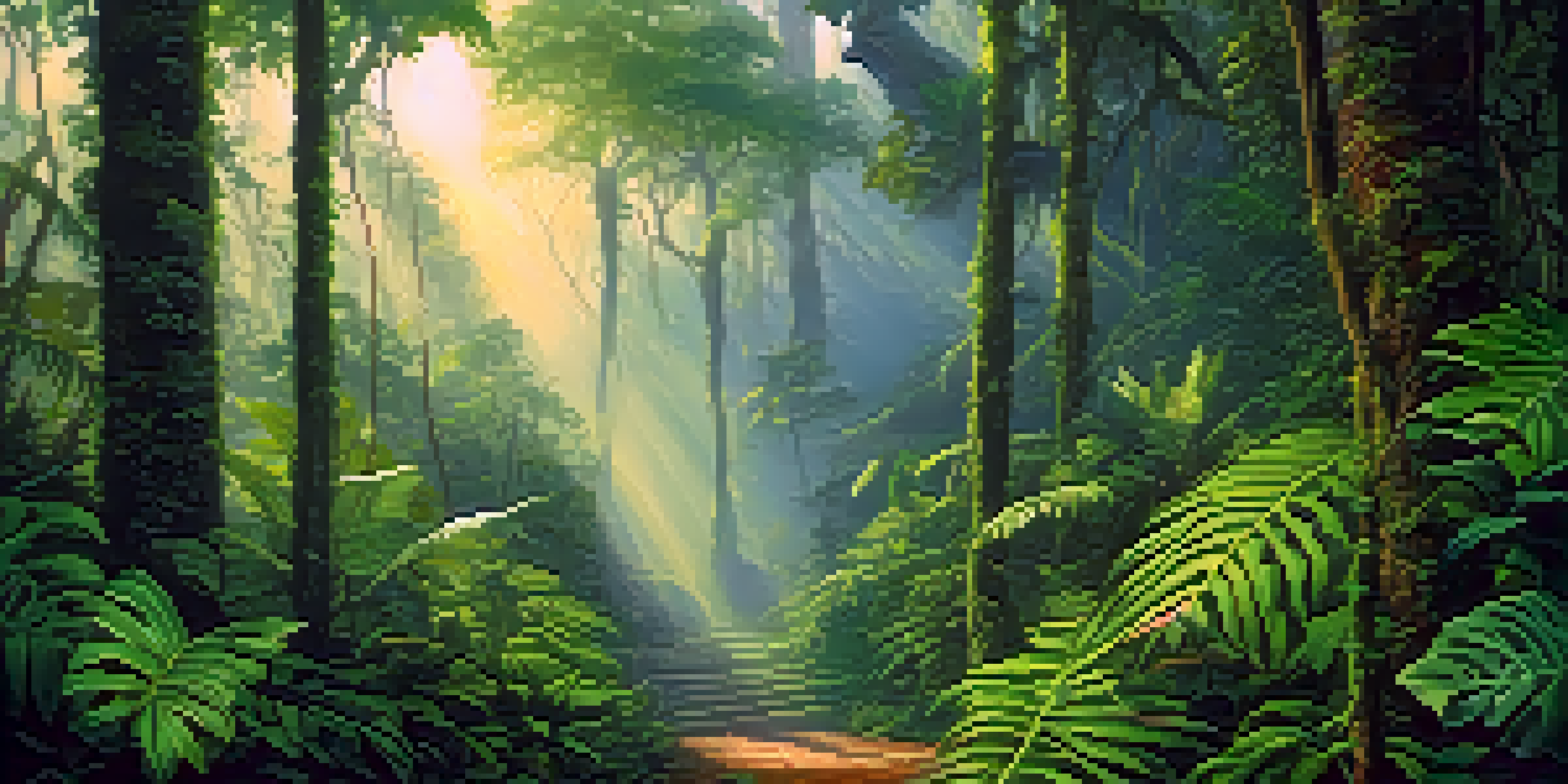 A vibrant Amazon rainforest at dawn with vines and leaves, sunlight filtering through the canopy, and a ceremonial space in the background.