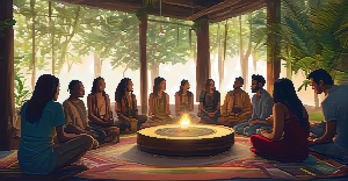 A group of diverse individuals sitting in a circle in a dimly lit room filled with plants, sharing their intentions for an Ayahuasca ceremony, with warm golden light creating a peaceful ambiance.