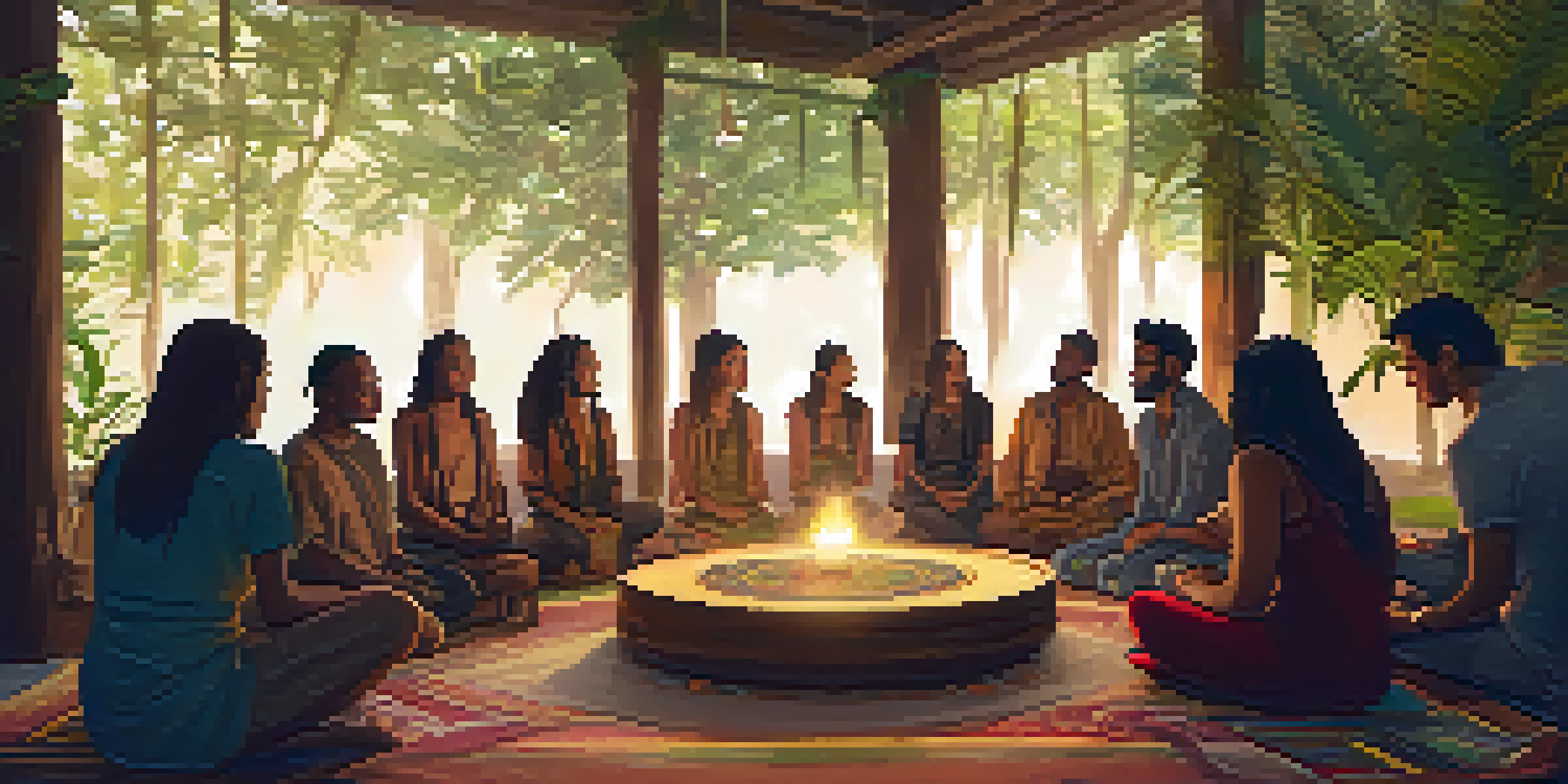 A group of diverse individuals sitting in a circle in a dimly lit room filled with plants, sharing their intentions for an Ayahuasca ceremony, with warm golden light creating a peaceful ambiance.