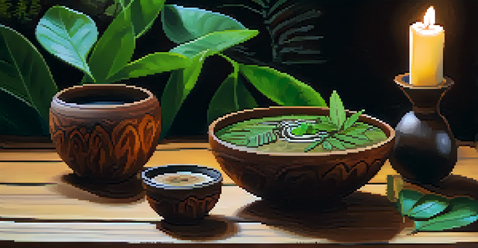A close-up of a traditional Ayahuasca brew in a clay cup on a wooden table, surrounded by fresh leaves and herbs.