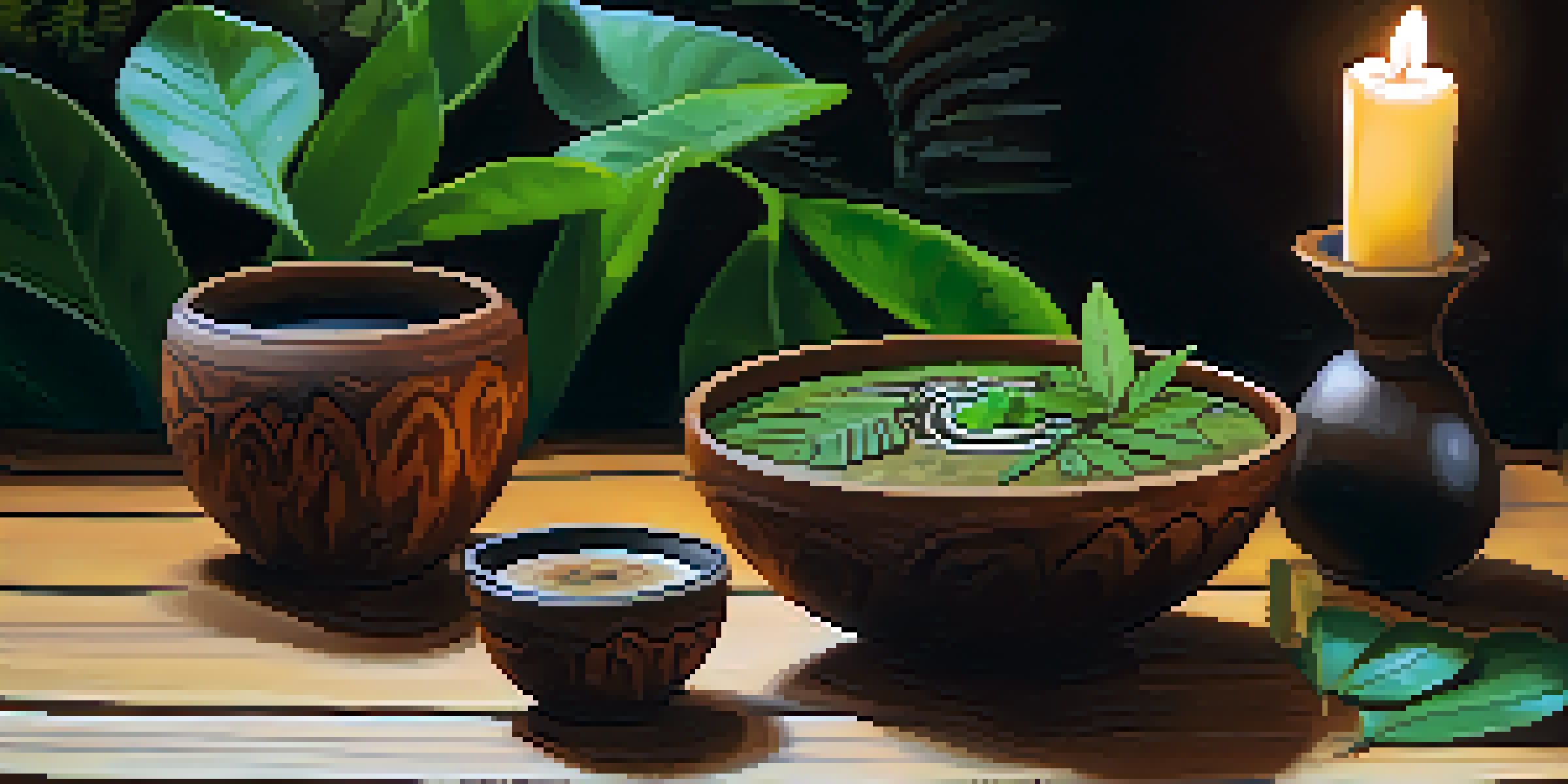 A close-up of a traditional Ayahuasca brew in a clay cup on a wooden table, surrounded by fresh leaves and herbs.