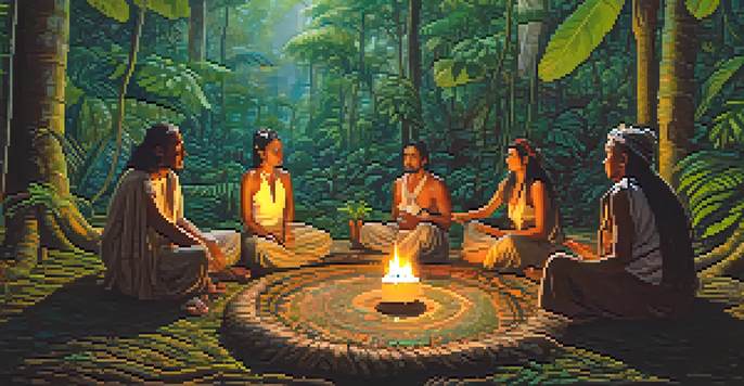 A peaceful ayahuasca ceremony in the Amazon rainforest, with participants in a circle and a shaman singing in the center.