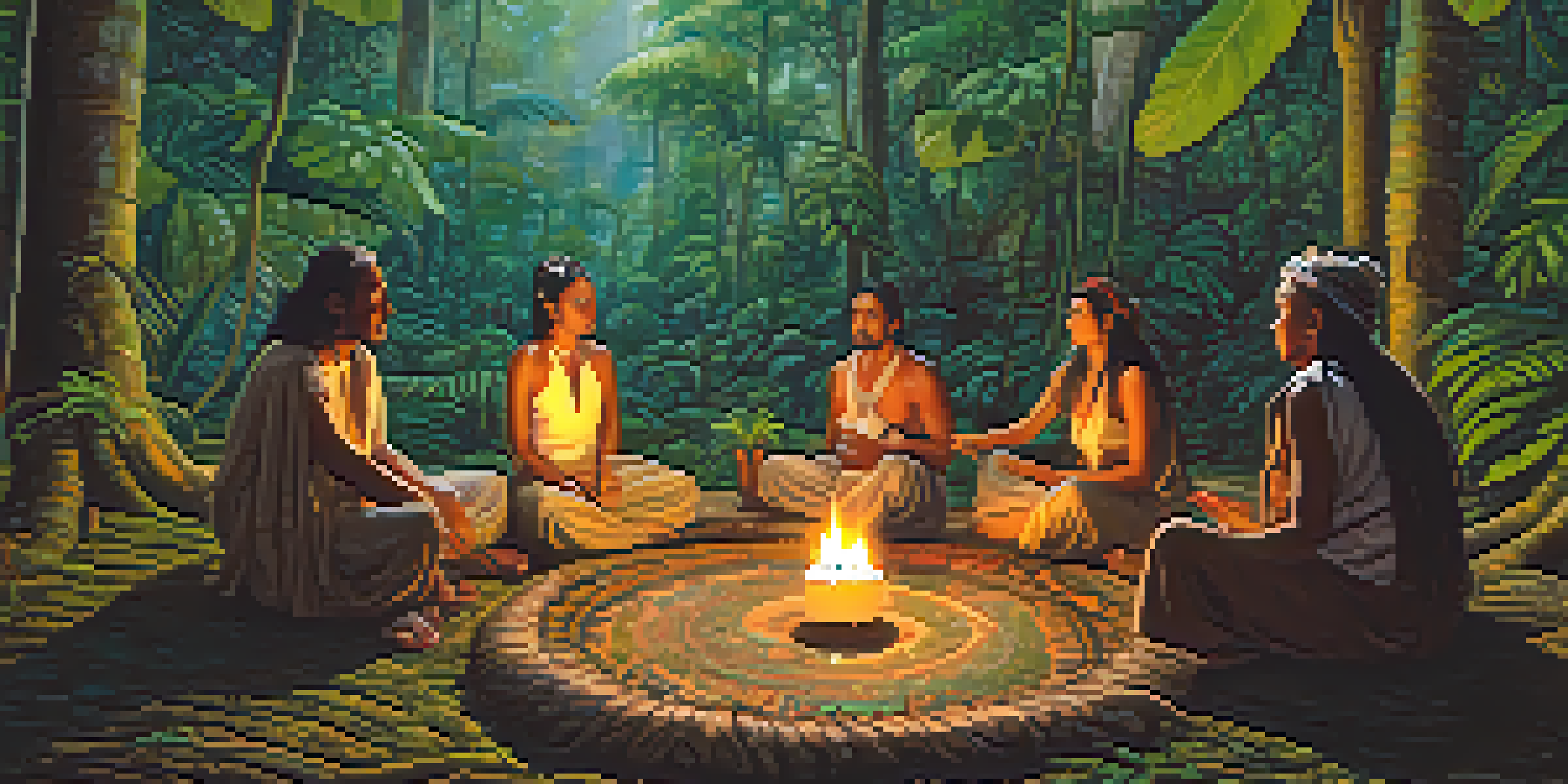 A peaceful ayahuasca ceremony in the Amazon rainforest, with participants in a circle and a shaman singing in the center.
