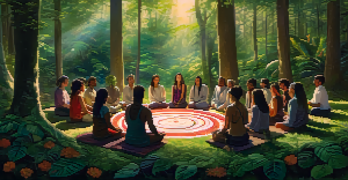 A peaceful forest scene with participants sitting in a circle, surrounded by greenery and flowers, meditating during an Ayahuasca ceremony.