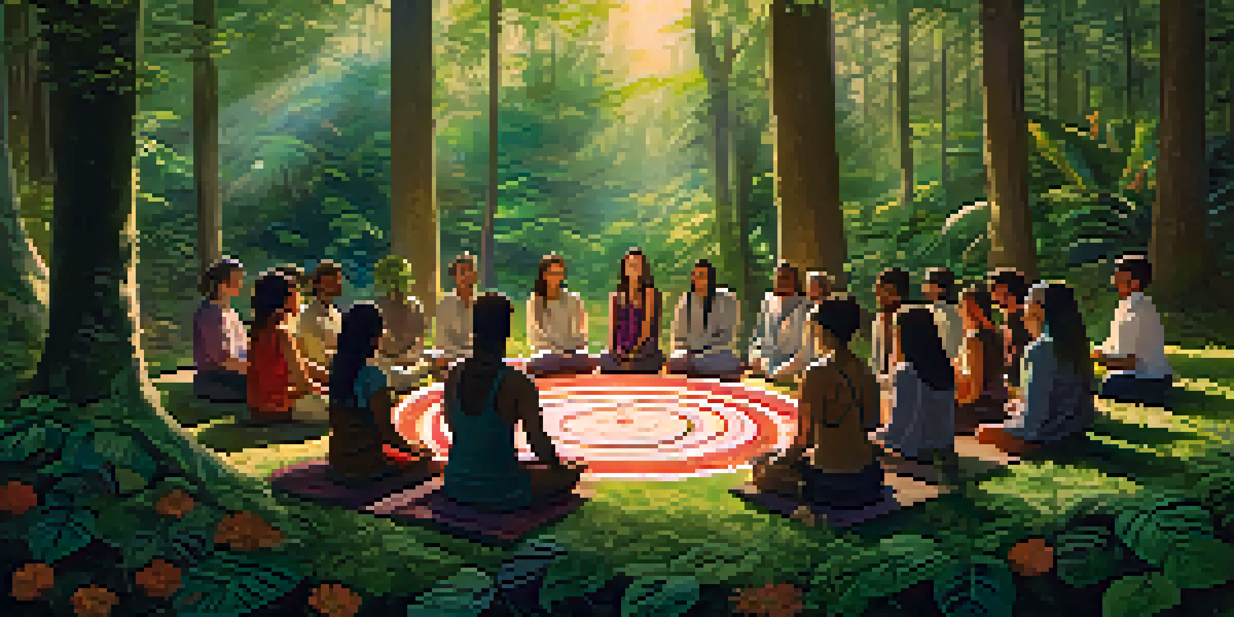 A peaceful forest scene with participants sitting in a circle, surrounded by greenery and flowers, meditating during an Ayahuasca ceremony.