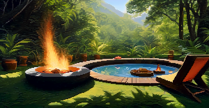 A serene outdoor space set up for an Ayahuasca ceremony, with comfortable seating, a fire, and lush greenery.
