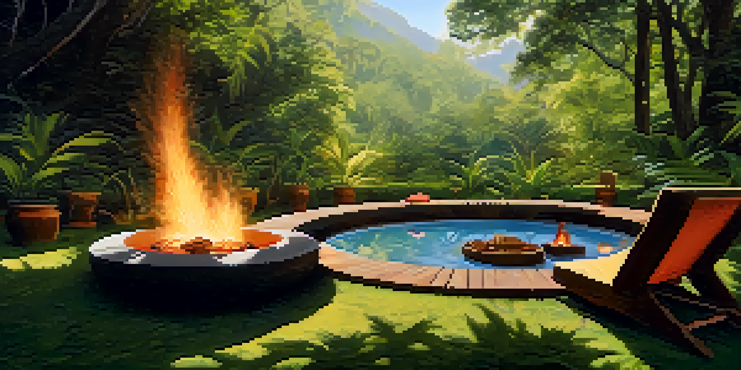 A serene outdoor space set up for an Ayahuasca ceremony, with comfortable seating, a fire, and lush greenery.