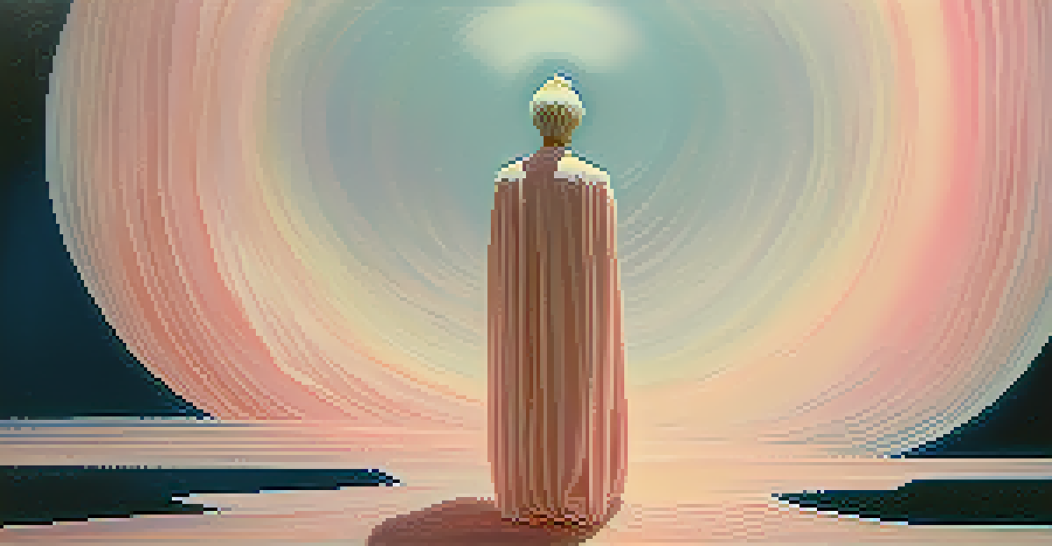 An abstract image depicting a figure in front of translucent onion layers in soft colors, symbolizing personal transformation.