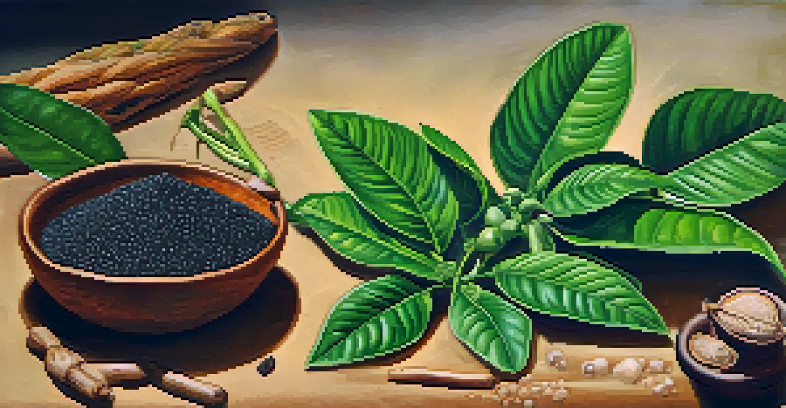 A close-up of Ayahuasca ingredients, including green leaves and twisted bark under warm natural lighting.
