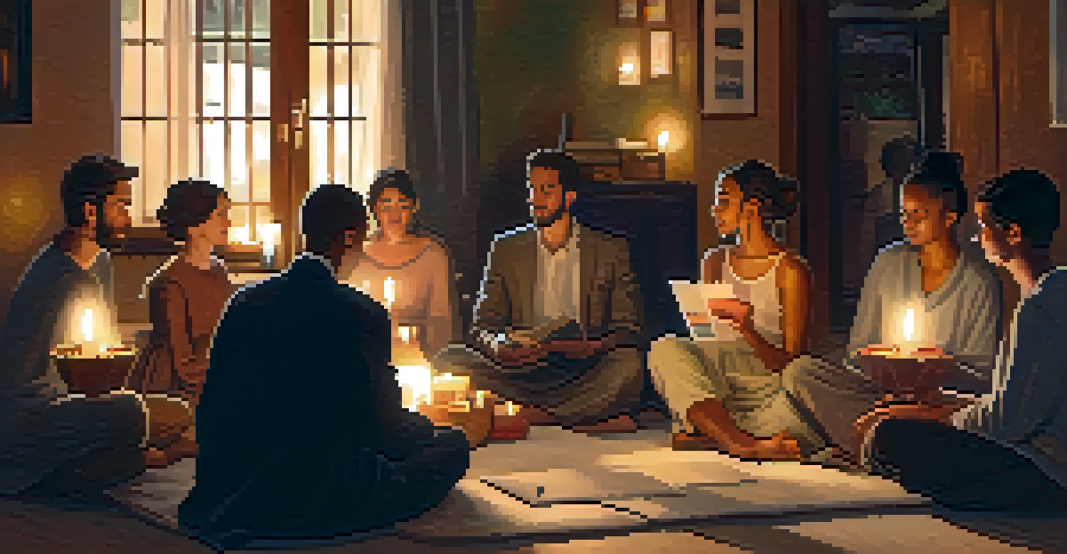 Participants sharing experiences in a cozy room after an Ayahuasca ceremony, with warm candlelight.