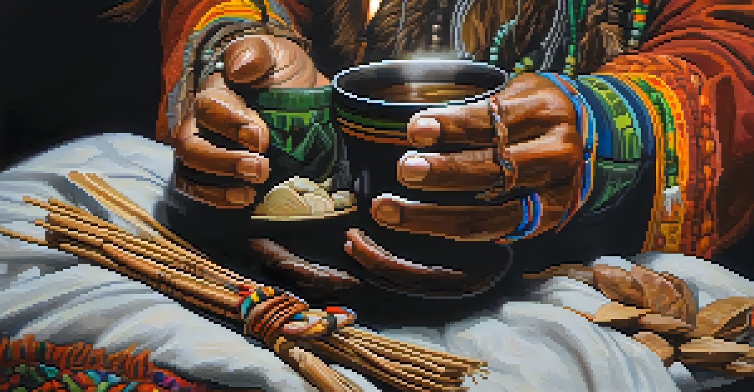 A close-up of a shaman's hands holding a cup of Ayahuasca brew, with candlelight and cultural artifacts in the background.