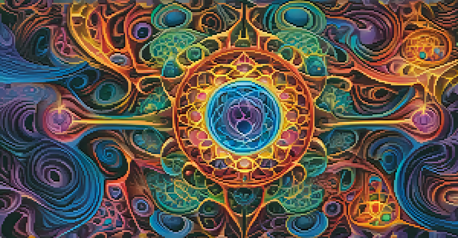 An artistic representation of a DMT molecule structure in a colorful fractal background, symbolizing self-discovery and emotional healing.