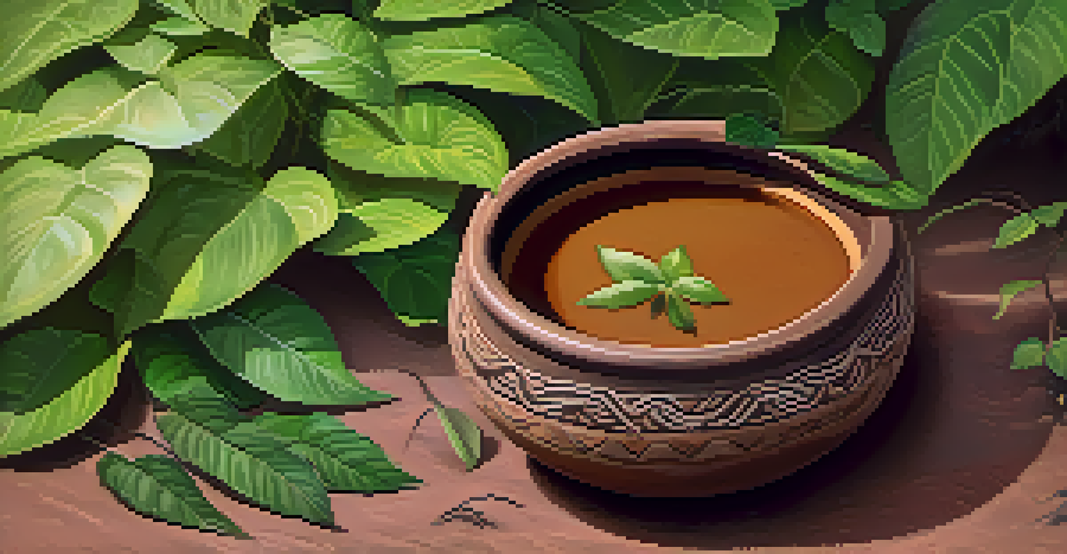 A close-up of a traditional Ayahuasca brew in a clay bowl, surrounded by leaves and vines, with a blurred Amazonian forest in the background.
