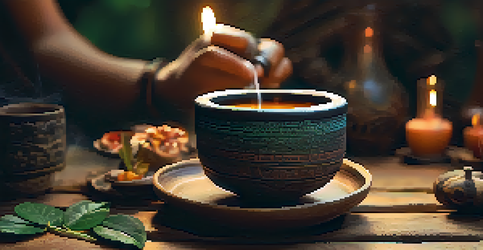 A close-up of a hand holding a dark Ayahuasca brew in a rustic cup, with steam rising in a softly blurred ceremonial setting.