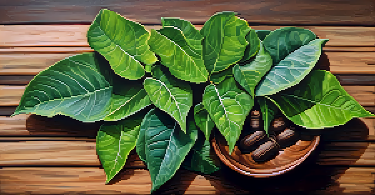 Close-up of Banisteriopsis caapi vine and Psychotria viridis leaves with a bowl of Ayahuasca brew on a wooden table, illuminated by natural light.