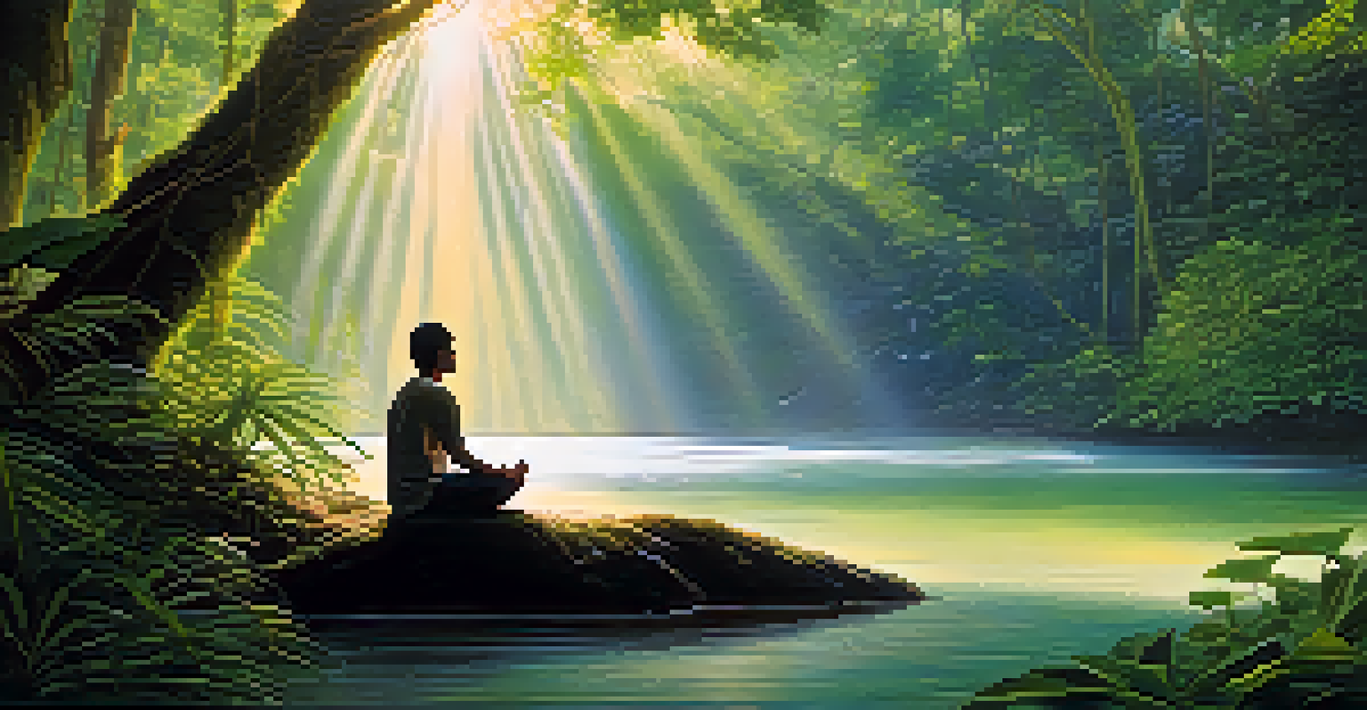 A person meditating by a river in the Amazon rainforest, surrounded by lush greenery and sunlight filtering through the trees, evoking a sense of peace and introspection.