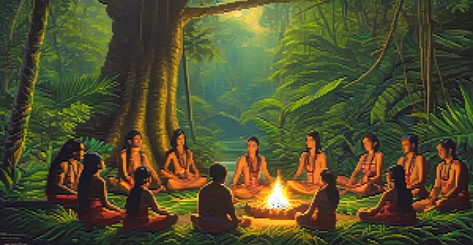 Participants sitting in a circle during an Ayahuasca ceremony in a lush rainforest, with a shaman leading and a fire in the center.