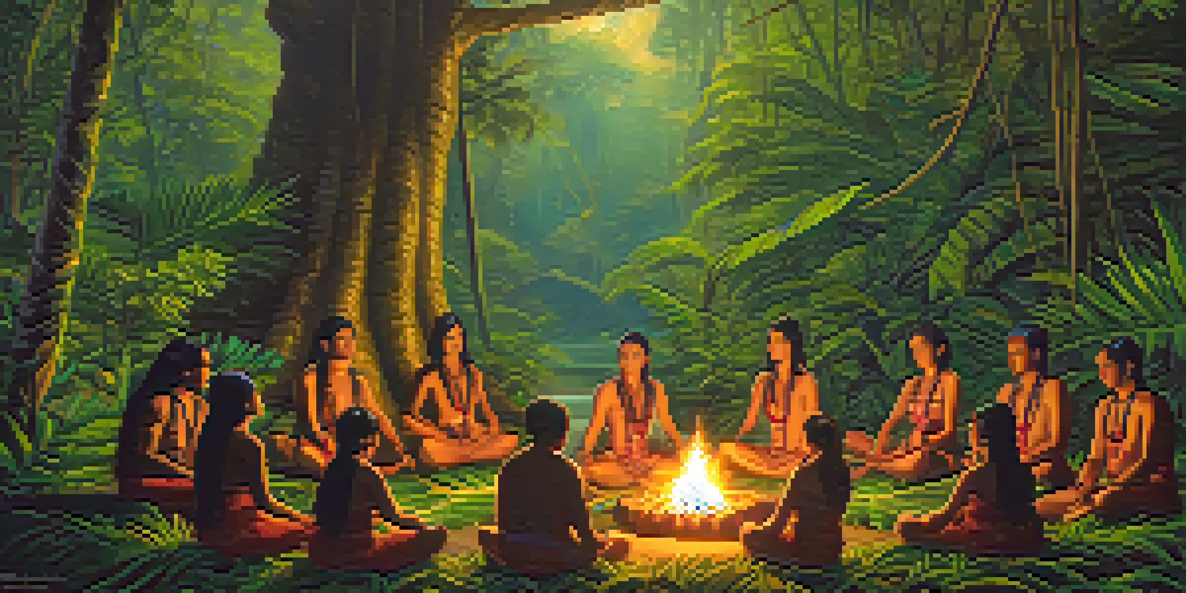 Participants sitting in a circle during an Ayahuasca ceremony in a lush rainforest, with a shaman leading and a fire in the center.