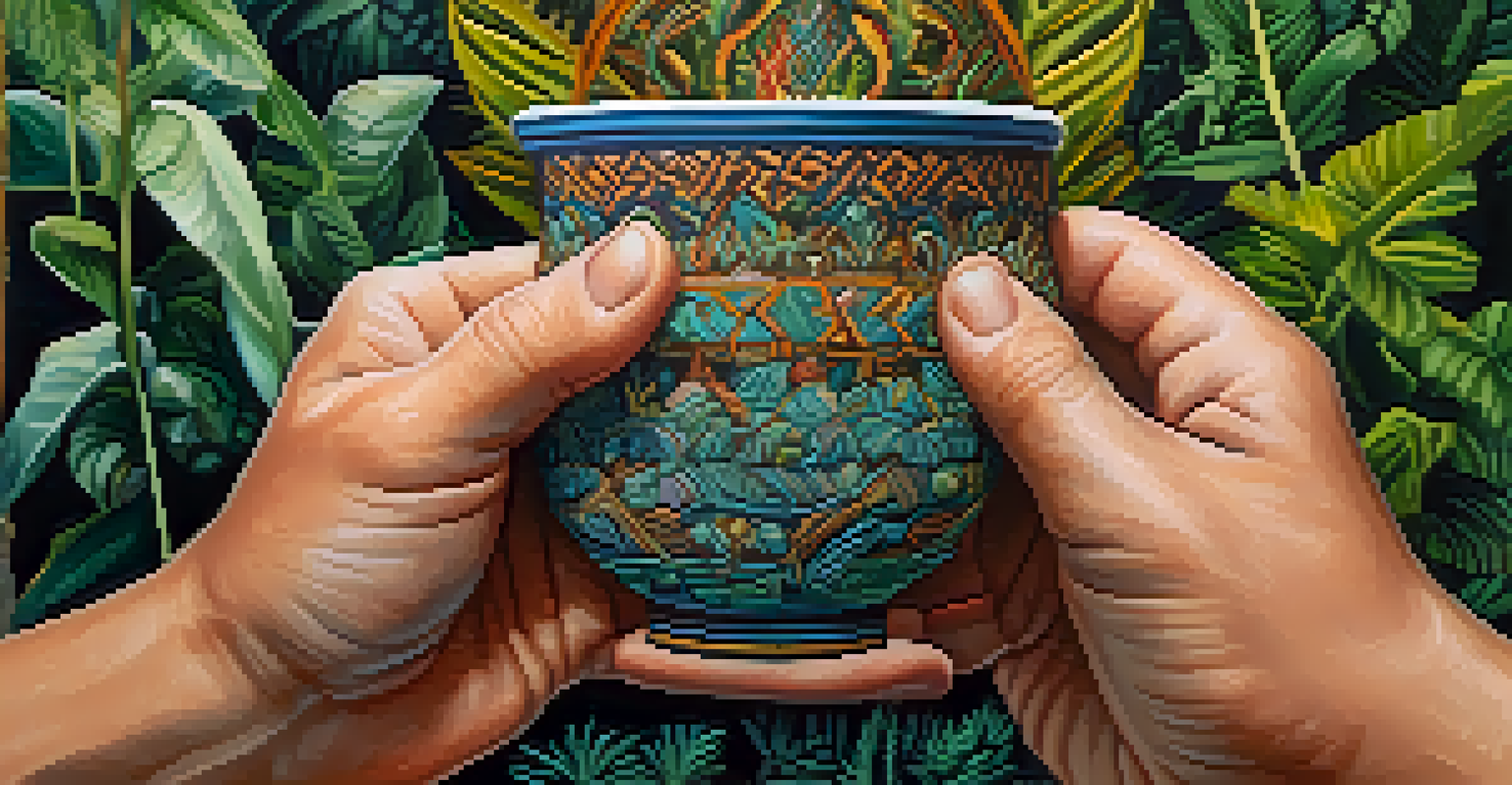 A close-up of a person's hands holding a ceramic cup filled with Ayahuasca brew, with blurred greenery in the background.