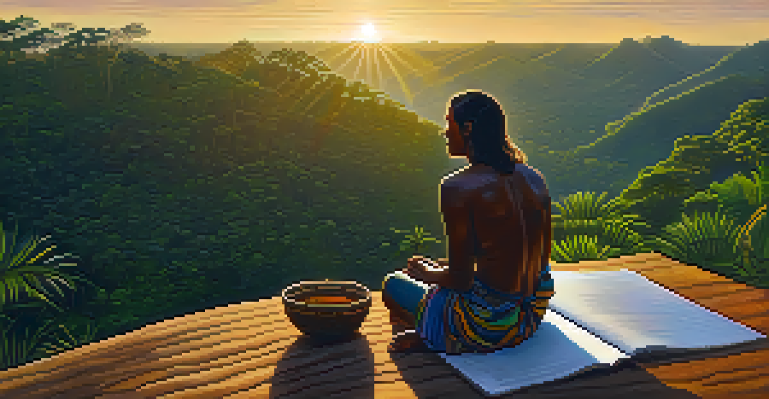 A participant reflecting and journaling on a hillside after an Ayahuasca ceremony, with the Amazon jungle and sunrise in the background.
