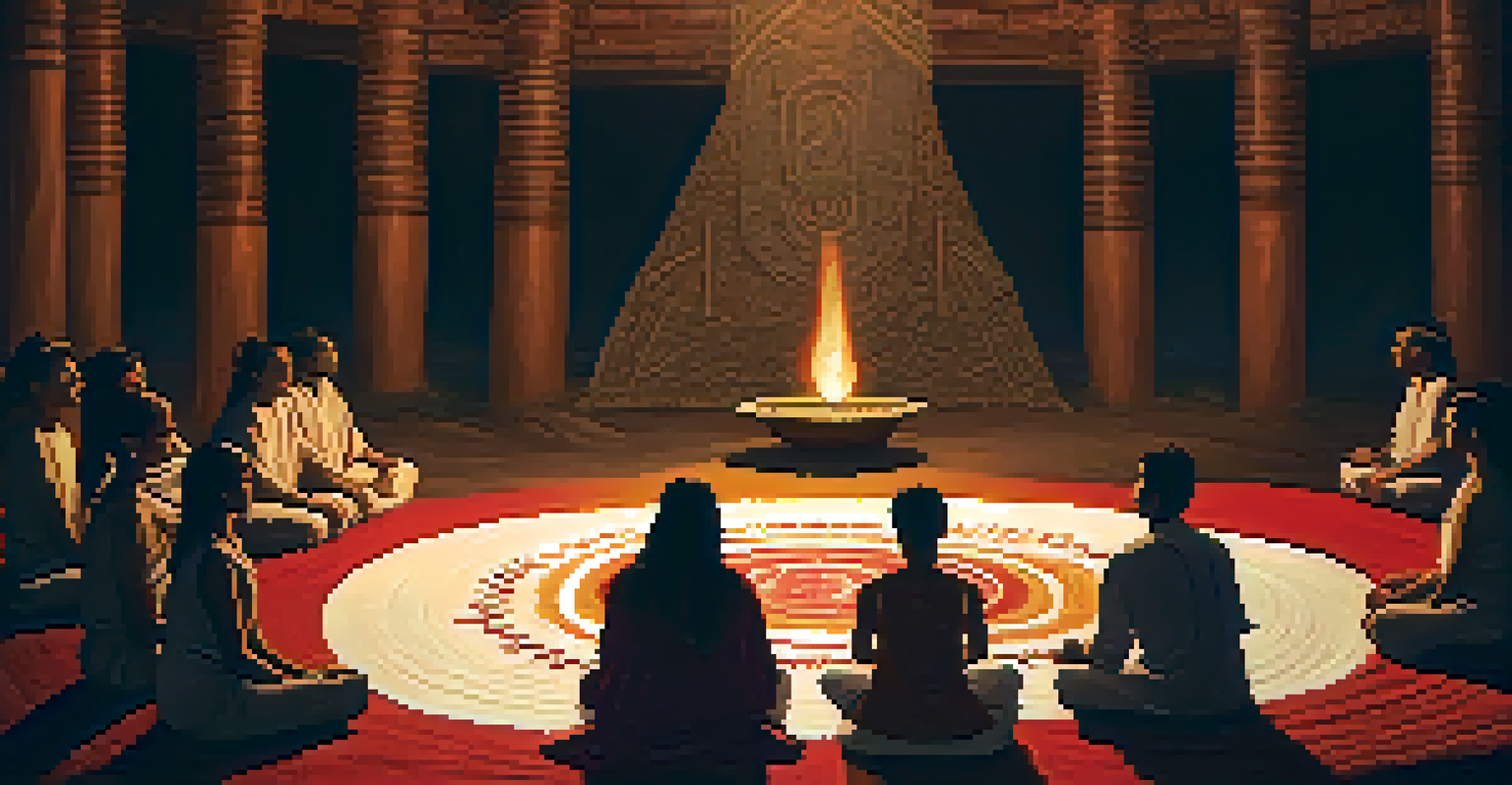 An ayahuasca ceremony with participants in a circle, surrounded by candlelight and a spiritual altar.