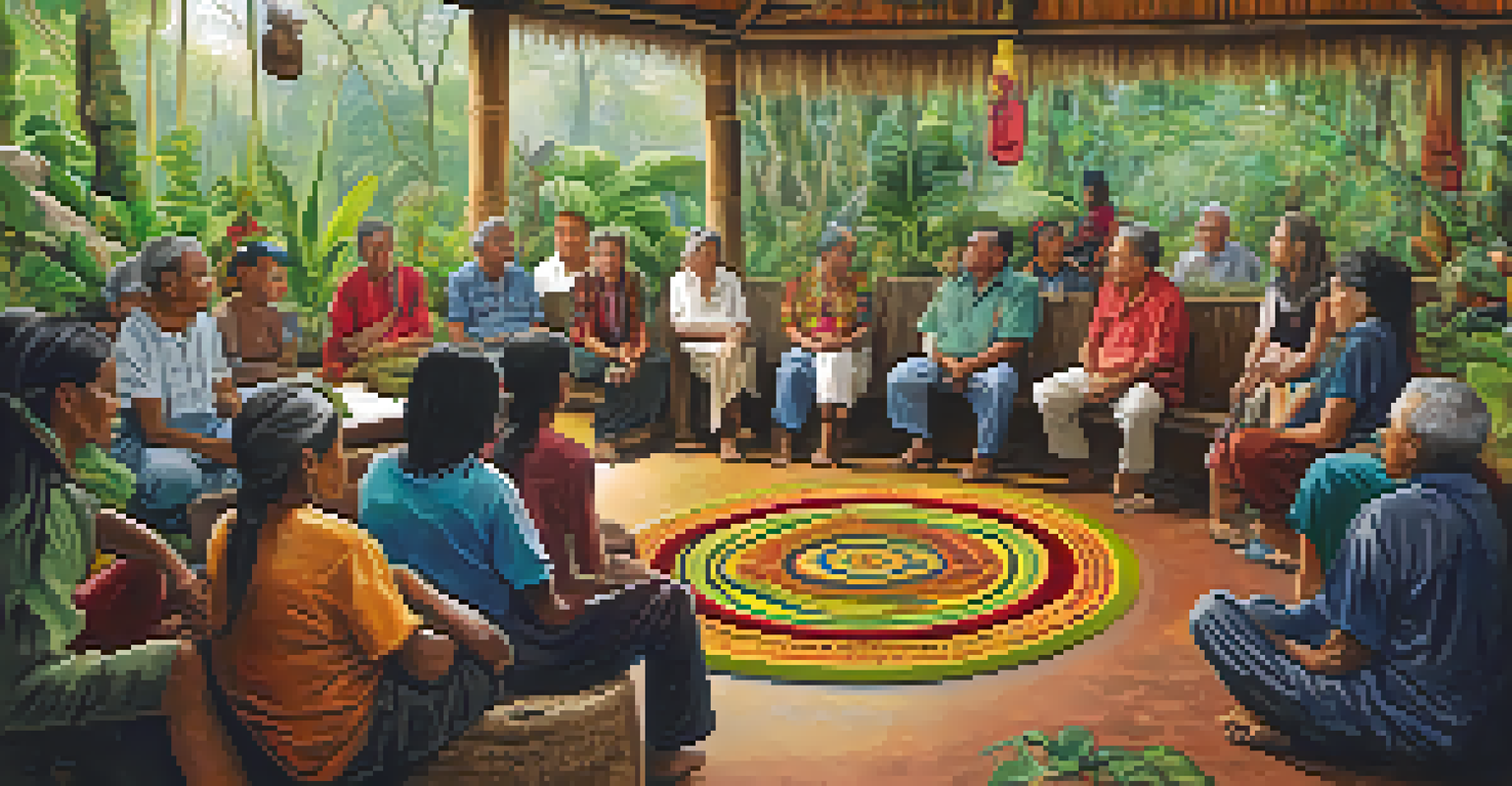 A community workshop where local elders share knowledge about ayahuasca sustainability, surrounded by vibrant artwork and plants.