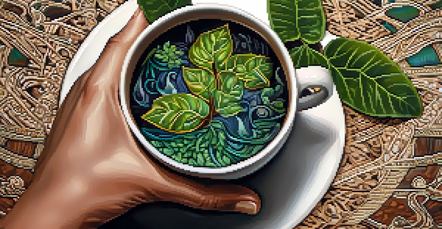 A close-up of a hand holding a cup of Ayahuasca brew, showcasing the drink's rich colors and patterns, with a blurred natural background.