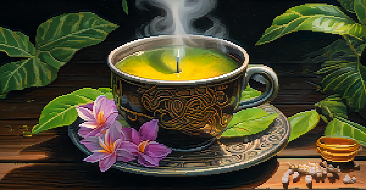 A close-up of a traditional Ayahuasca brew in a rustic cup, surrounded by leaves and soft candlelight.