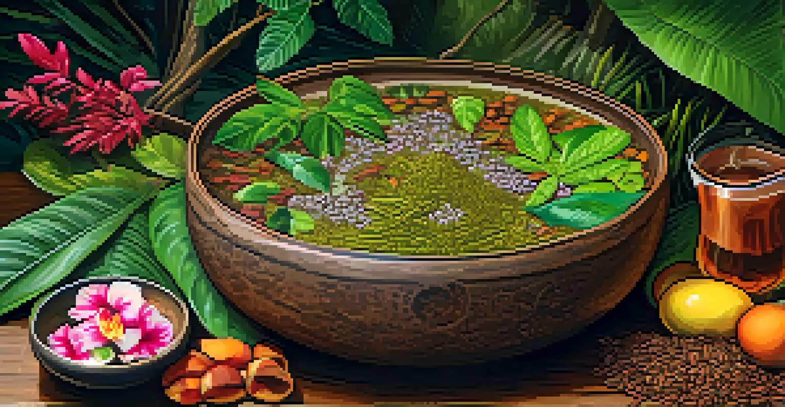 A close-up of a traditional Ayahuasca brew in a rustic bowl surrounded by fresh ingredients, with warm earthy tones.