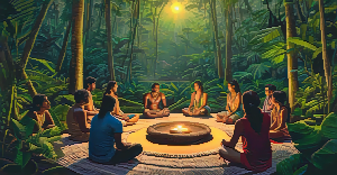 A group of diverse individuals in a circle, participating in an Ayahuasca ceremony in the Amazon rainforest during dusk, surrounded by lush greenery and soft candlelight.