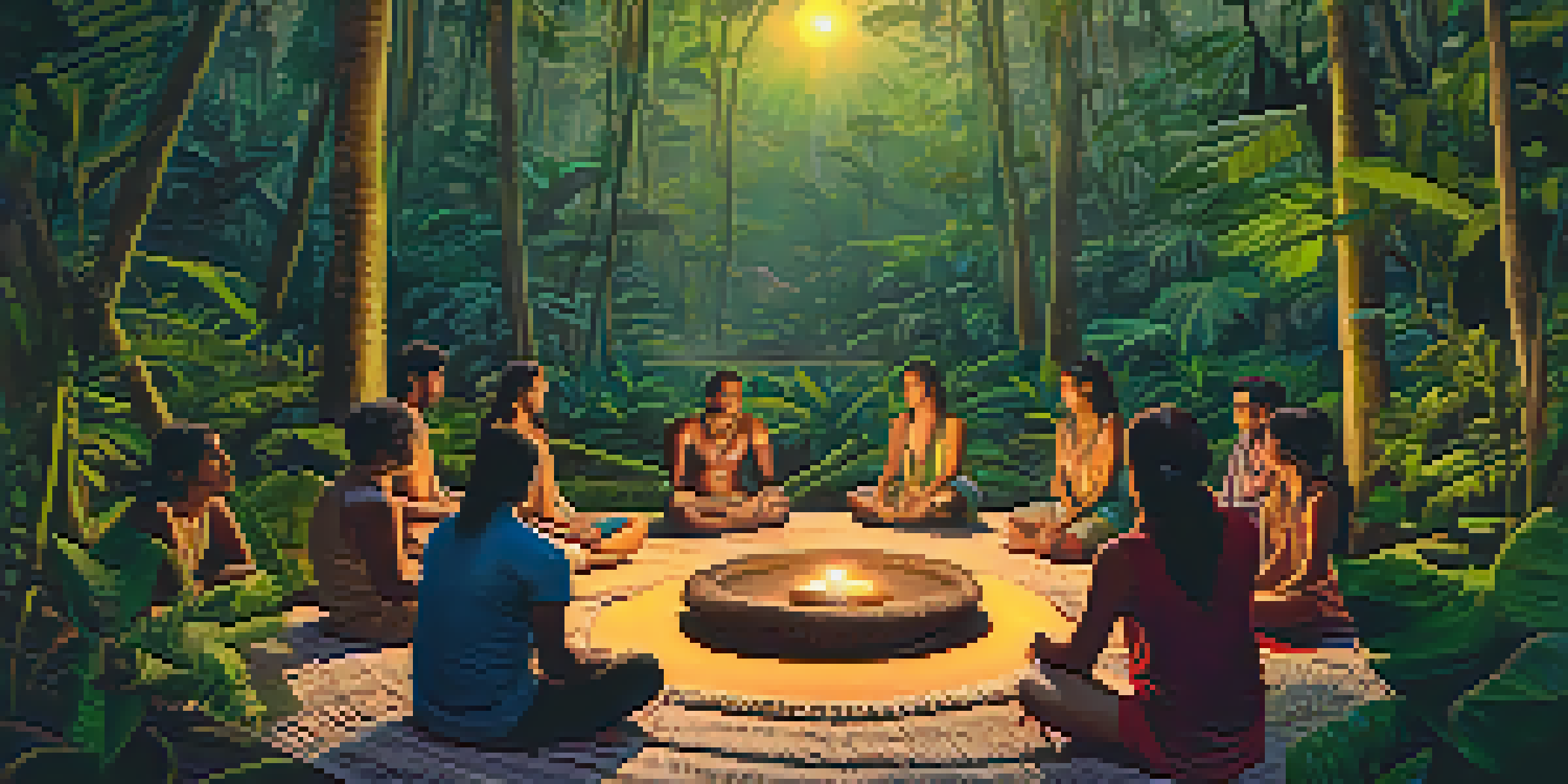 A group of diverse individuals in a circle, participating in an Ayahuasca ceremony in the Amazon rainforest during dusk, surrounded by lush greenery and soft candlelight.
