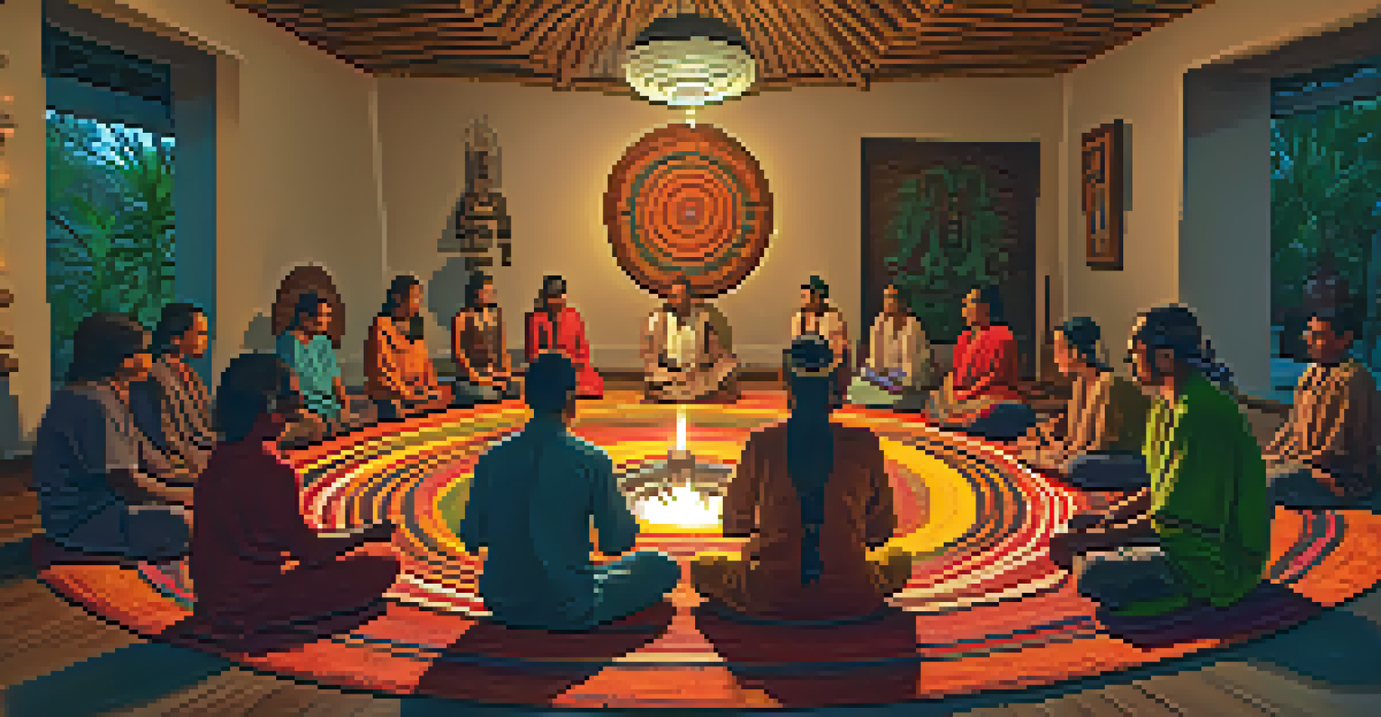 A cozy Ayahuasca ceremony in a candlelit room with participants seated in a circle around a shaman, creating a warm and connected atmosphere.