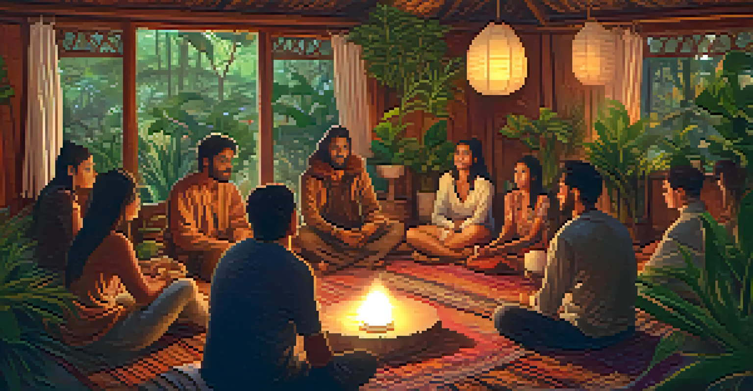 A warm, inviting room with people sharing experiences after an Ayahuasca ceremony, surrounded by plants and soft light.