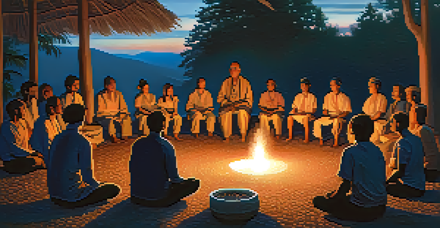 Participants seated in a circle at an outdoor ayahuasca ceremony at dusk, illuminated by soft candlelight and surrounded by nature.